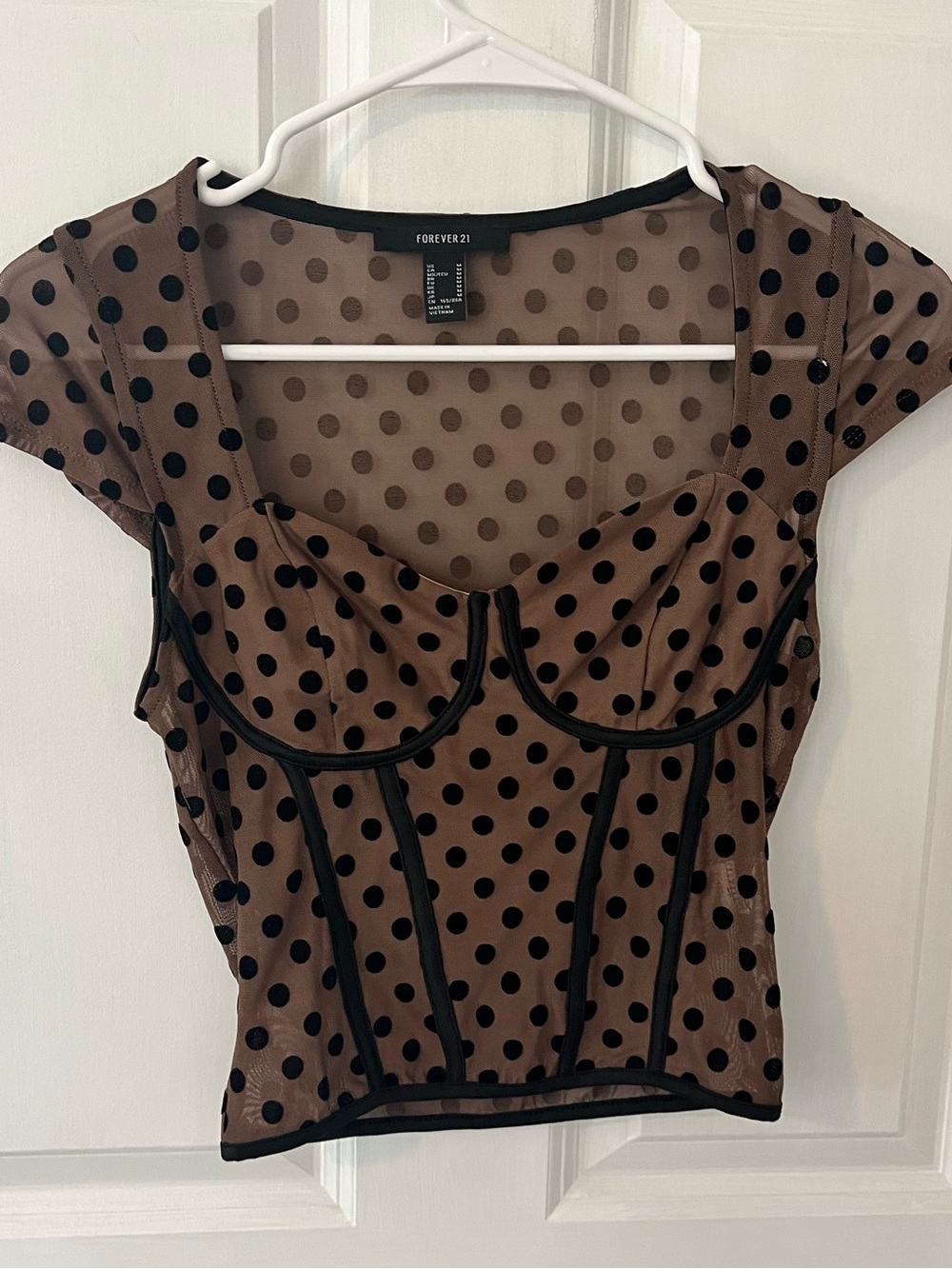 Forever 21 Brown Mesh Polka Dot Bustier Crop Top with Black Trim